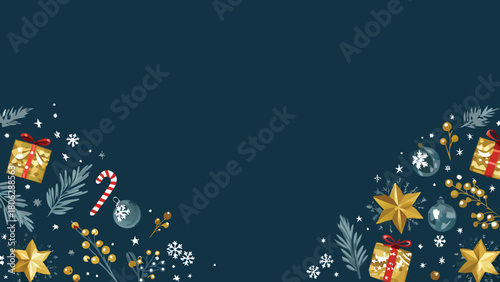 Christmas themed background with gifts candy cane ornaments and snowflakes on a dark blue backdrop