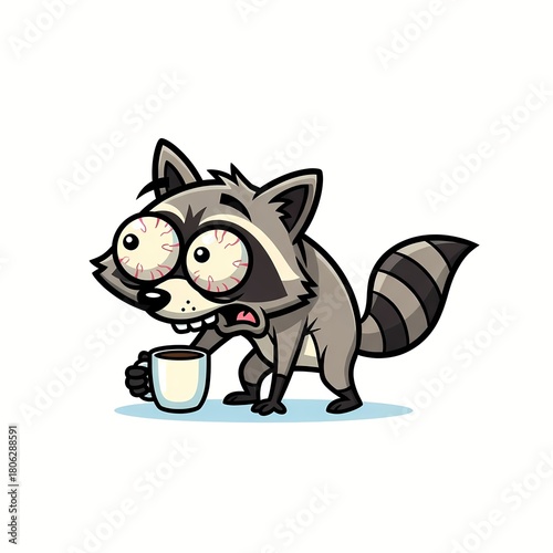 Hilarious cartoon raccoon with bloodshot eyes desperately needs coffee in the morning - perfect for humorous social media or relatable content