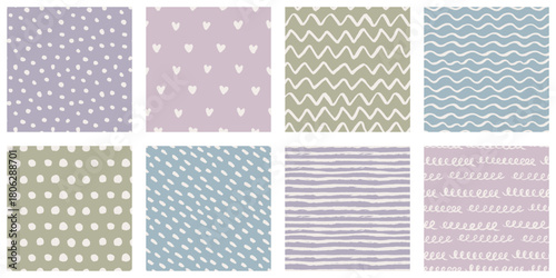 Hand-drawn seamless backgrounds collection with brush-painted waves, zigzags, striped, polka dot, mottled and hearts patterns. Vintage texture with white and purple blue pink green muted faded colors.
