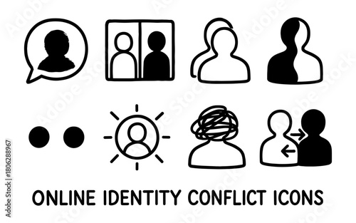 Online identity conflict icons set in minimalist black outline style