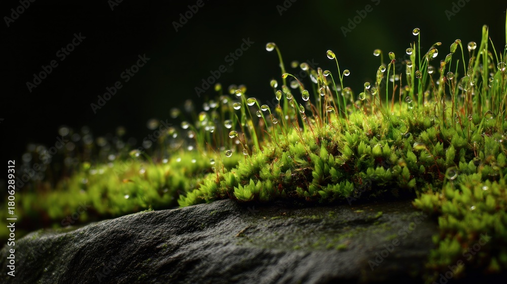 Fototapeta premium Green moss water drops stone