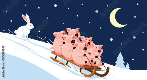  Group of happy pigs sledding down a steep snowy hill at night under a crescent moon and starry sky for winter fun.
