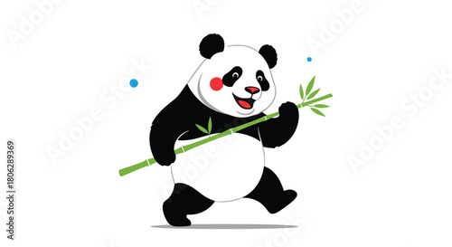  Cheerful cartoon panda bear sitting and holding a large stalk of green bamboo with a happy and content expression.