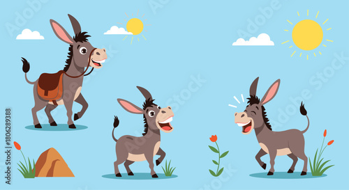  Collection of cute cartoon donkey characters in a sunny field with one donkey kicking and others looking cheerful.