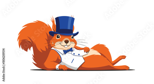  Dapper cartoon squirrel wearing a blue top hat and bow tie relaxing in a charming and sophisticated lounging pose.