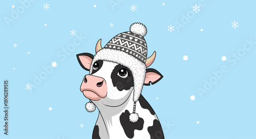  Cute cartoon cow with a sad expression wearing a cozy knitted winter hat in a snowy winter wonderland scene.