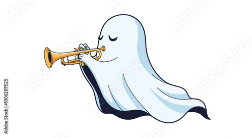 Musical ghost cartoon character playing a brass trumpet to create a spooky and soulful melody for Halloween night.