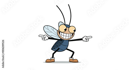  Comical cartoon fly character with a huge grin and pointing forward with a confident and mischievous expression.