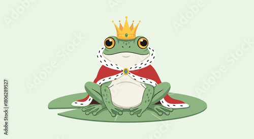  Green frog prince character wearing a royal crown and red mantle sitting regally on a lily pad illustration.