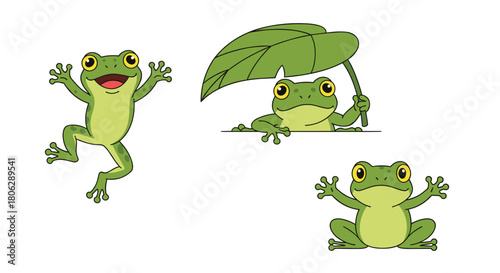  Family of green cartoon frogs resting together with one frog holding a large leaf to provide shelter from the sun.