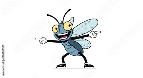  Cartoon fly character pointing its finger with a cheerful and friendly expression in a simple fun vector illustration.