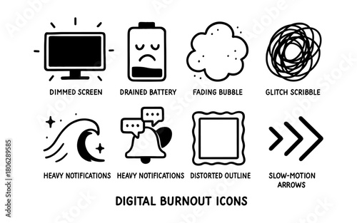 Minimalist digital burnout icons: dimmed screen, drained battery, fading bubble, glitch scribble