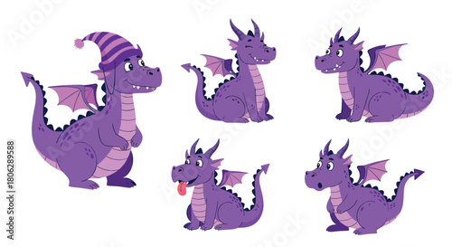  Collection of cute purple cartoon dragon characters wearing cozy knitted winter hats in various adorable poses.