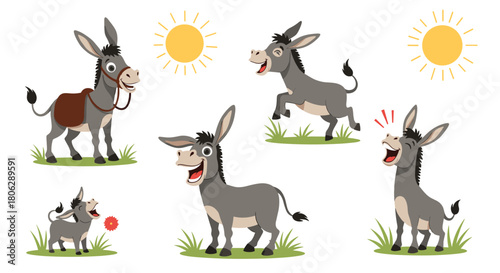  Group of funny cartoon donkey characters playing and resting in a sunny green field with a bright blue sky above.