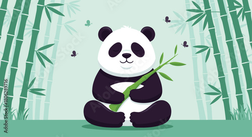  A peaceful panda bear sitting cross-legged in a bamboo forest happily eating a green bamboo stalk with butterflies.