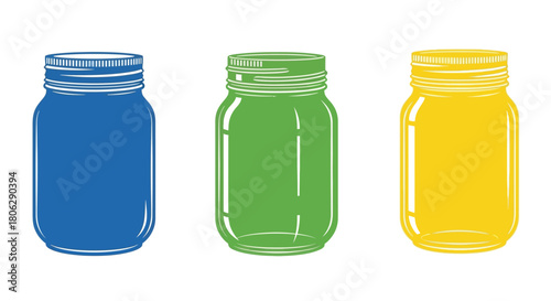 Three colorful mason jars in blue green and yellow hues