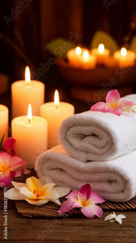 Luxurious spa background with candles, towels, and flowers, radiating serenity for wellness, retreats, and beauty salons.