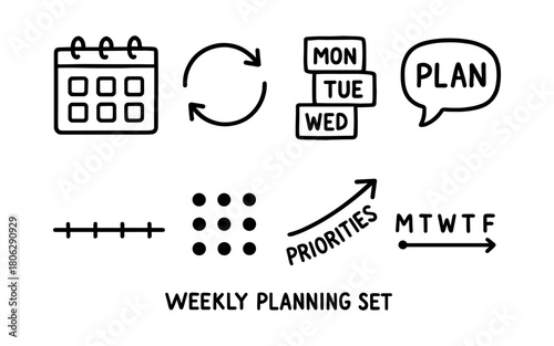 Hand drawn weekly planning icons for organizing schedule and tasks