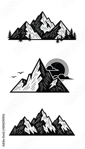 Hand drawn mountain landscape icons set for outdoors