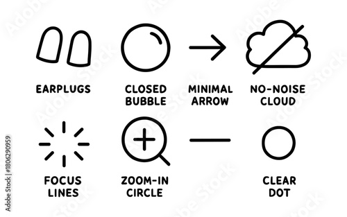 Minimalist line art: noise reduction and sound focus icon set