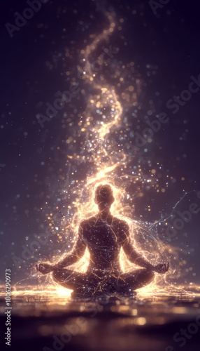 the generated animation. A human figure made of threads of energies and luminous particles