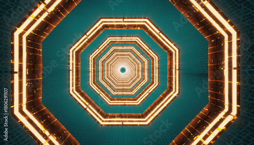 Fototapeta Naklejka Na Ścianę i Meble -  Futuristic octagonal tunnel background with glowing amber lights
