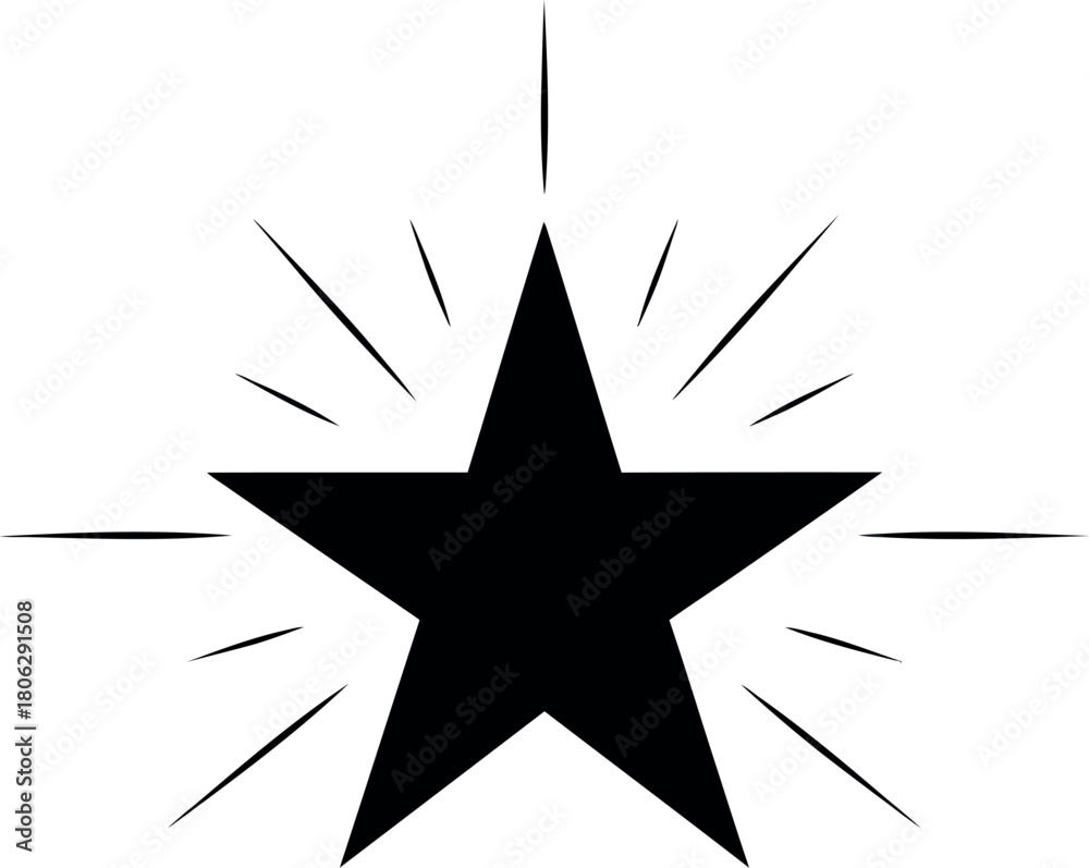 Fototapeta premium Black star icon with radiating lines on a transparent background