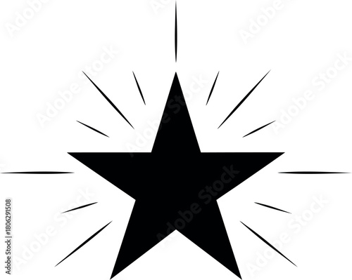 Black star icon with radiating lines on a transparent background