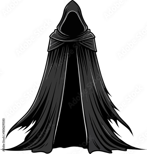 Create a Mysterious long black hooded cloak for fantasy costume vector art with white background.