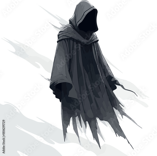 Create a Mysterious long black hooded cloak for fantasy costume vector art with white background.