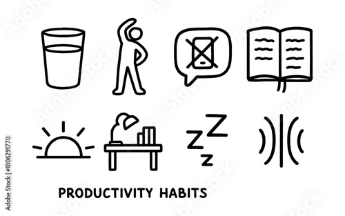 Productivity habits: simple icons for daily routine and mindfulness