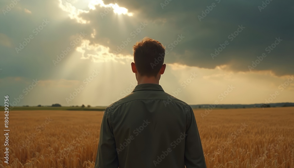 Obraz premium Man stands in golden wheat field looking up at stormy sky with sun rays breaking through. Back view of person watching dramatic weather over farmland. Peaceful solitude amidst nature.