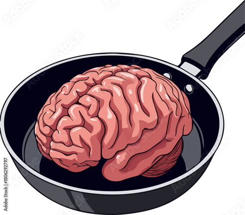 Create Human brain in a frying pan conceptual image for creative cooking and culinary vector art with white background.