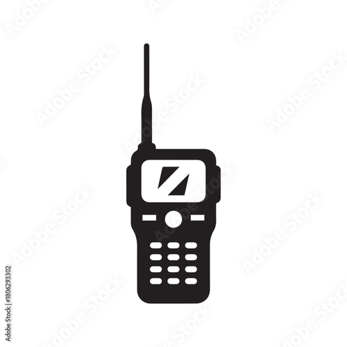 Walkie talkie vector icon. Portable handheld radio transceiver silhouette. Wireless communication device symbol isolated on white background. Two way radio security equipment illustration.
