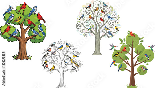 Collection of colorful birds sitting on different trees, decorative vector illustration with nature design elements for wildlife, forest, and ecology artwork.