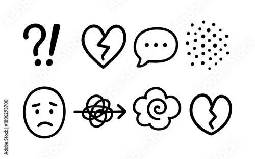 Minimalist emojis expressing sadness and conflict with heartbreak symbols