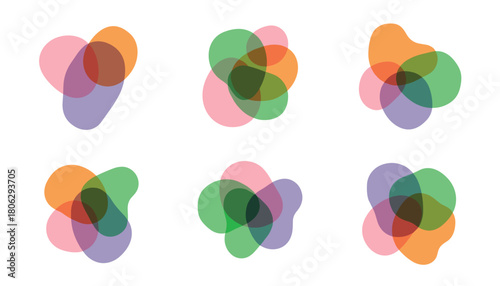 Six abstract organic shapes with overlapping translucent colors in a grid layout on a white background representing diversity and connection