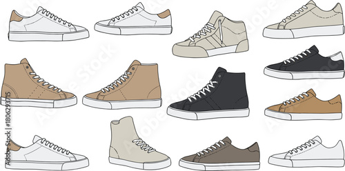 Collection of Stylish Casual Sneakers and High-Top Shoes in Various Colors for Men and Women, Fashionable Footwear Illustration, Vector Style