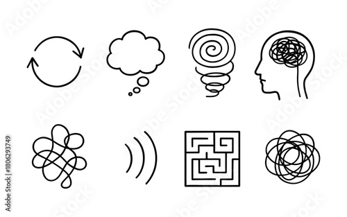 Linear doodle icons representing mental processes and abstract concepts