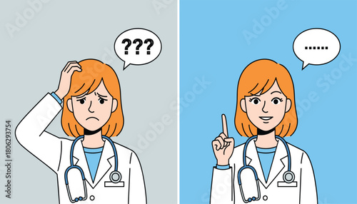 Confused female doctor with question marks in speech bubble transforms into a happy doctor with an idea and a lightbulb moment representing problem solving and medical insight