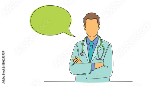 Doctor with stethoscope and speech bubble illustration of medical professional communicating health advice or information with copy space
