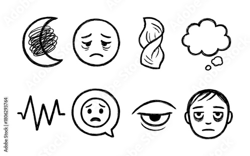 Hand drawn sleep disorder icons with fatigue and insomnia symbols