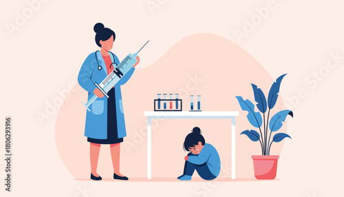 A doctor holds a large syringe over a distressed child huddled on the floor next to a lab table with test tubes and a potted plant