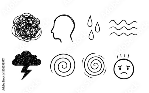 Doodle style mental health symbols: anxiety, stress, and emotion icons