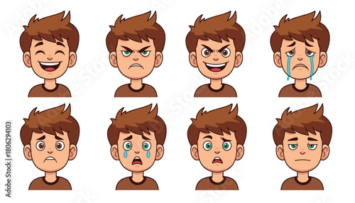 Collection of cartoon boy character facial expressions showing a range of emotions from happiness and anger to sadness and surprise perfect for educational or illustrative purposes