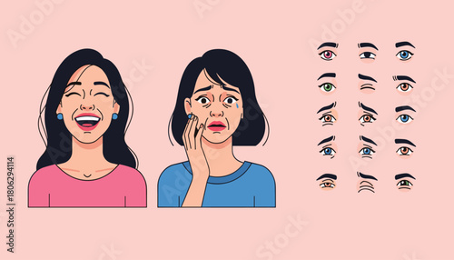 Diverse female emotions illustrated with contrasting expressions of joy and sadness alongside a collection of varied eye expressions