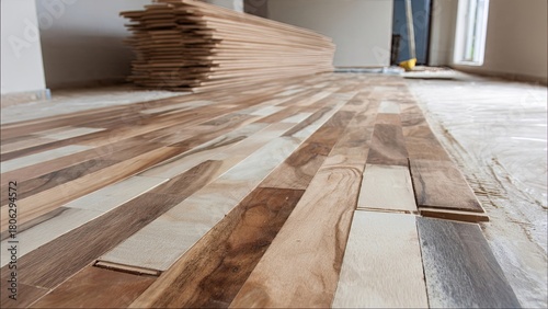 Installing new wooden floorboards in a room during home renovation