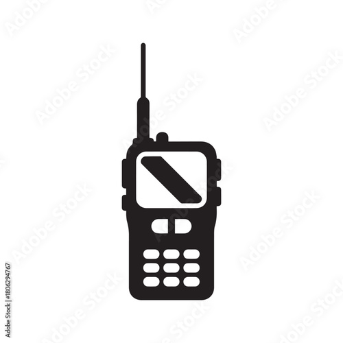 Walkie talkie vector icon. Portable handheld radio transceiver silhouette. Wireless communication device symbol isolated on white background. Two way radio security equipment illustration.
