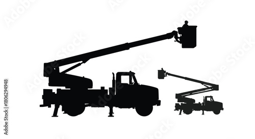 Silhouette illustration depicting various types of aerial lift construction vehicles