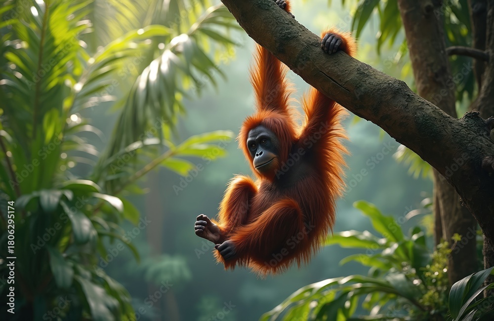 Naklejka premium Orangutan hangs on tree branch in rich jungle foliage. Great ape looks left, showing off its red fur. This primate is a symbol of wild nature and conservation.